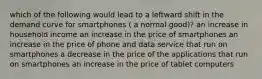 which of the following would lead to a leftward shift in the demand curve for smartphones ( a normal good)? an increase in household income an increase in the price of smartphones an increase in the price of phone and data service that run on smartphones a decrease in the price of the applications that run on smartphones an increase in the price of tablet computers