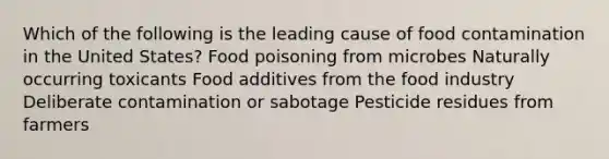 Which of the following is the leading cause of food contamination in the United States? Food poisoning from microbes Naturally occurring toxicants Food additives from the food industry Deliberate contamination or sabotage Pesticide residues from farmers