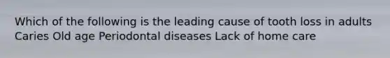 Which of the following is the leading cause of tooth loss in adults Caries Old age Periodontal diseases Lack of home care