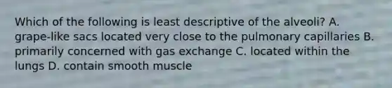 Which of the following is least descriptive of the alveoli? A. grape-like sacs located very close to the pulmonary capillaries B. primarily concerned with gas exchange C. located within the lungs D. contain smooth muscle