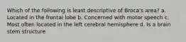 Which of the following is least descriptive of Broca's area? a. Located in the frontal lobe b. Concerned with motor speech c. Most often located in the left cerebral hemisphere d. Is a brain stem structure