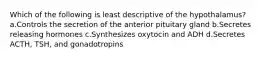 Which of the following is least descriptive of the hypothalamus? a.Controls the secretion of the anterior pituitary gland b.Secretes releasing hormones c.Synthesizes oxytocin and ADH d.Secretes ACTH, TSH, and gonadotropins