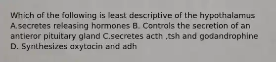 Which of the following is least descriptive of the hypothalamus A.secretes releasing hormones B. Controls the secretion of an antieror pituitary gland C.secretes acth ,tsh and godandrophine D. Synthesizes oxytocin and adh