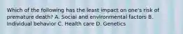 Which of the following has the least impact on one's risk of premature death? A. Social and environmental factors B. Individual behavior C. Health care D. Genetics