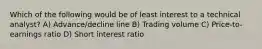 Which of the following would be of least interest to a technical analyst? A) Advance/decline line B) Trading volume C) Price-to-earnings ratio D) Short interest ratio