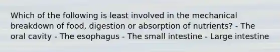 Which of the following is least involved in the mechanical breakdown of food, digestion or absorption of nutrients? - The oral cavity - The esophagus - The small intestine - Large intestine