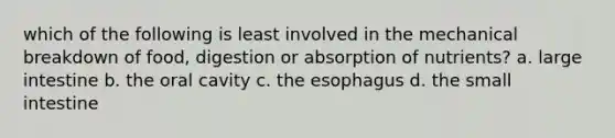 which of the following is least involved in the mechanical breakdown of food, digestion or absorption of nutrients? a. large intestine b. the oral cavity c. <a href='https://www.questionai.com/knowledge/kSjVhaa9qF-the-esophagus' class='anchor-knowledge'>the esophagus</a> d. the small intestine