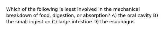 Which of the following is least involved in the mechanical breakdown of food, digestion, or absorption? A) the oral cavity B) the small ingestion C) <a href='https://www.questionai.com/knowledge/kGQjby07OK-large-intestine' class='anchor-knowledge'>large intestine</a> D) <a href='https://www.questionai.com/knowledge/kSjVhaa9qF-the-esophagus' class='anchor-knowledge'>the esophagus</a>