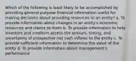 Which of the following is least likely to be accomplished by providing general-purpose financial information useful for making decisions about providing resources to an entity? a. To provide information about changes in an entity's economic resources and claims to them b. To provide information to help investors and creditors assess the amount, timing, and uncertainty of prospective net cash inflows to the entity c. To provide sufficient information to determine the value of the entity d. To provide information about management's performance