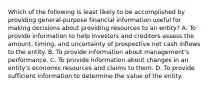 Which of the following is least likely to be accomplished by providing general-purpose financial information useful for making decisions about providing resources to an entity? A. To provide information to help investors and creditors assess the amount, timing, and uncertainty of prospective net cash inflows to the entity. B. To provide information about management's performance. C. To provide information about changes in an entity's economic resources and claims to them. D. To provide sufficient information to determine the value of the entity.