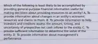 Which of the following is least likely to be accomplished by providing general-purpose financial information useful for making decisions about providing resources to an entity? A. To provide information about changes in an entity's economic resources and claims to them. B. To provide information to help investors and creditors assess the amount, timing, and uncertainty of prospective net cash inflows to the entity. C. To provide sufficient information to determine the value of the entity. D. To provide information about management's performance