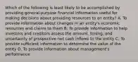 Which of the following is least likely to be accomplished by providing general-purpose financial information useful for making decisions about providing resources to an entity? A. To provide information about changes in an entity's economic resources and claims to them B. To provide information to help investors and creditors assess the amount, timing, and uncertainty of prospective net cash inflows to the entity C. To provide sufficient information to determine the value of the entity D. To provide information about management's performance