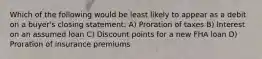 Which of the following would be least likely to appear as a debit on a buyer's closing statement: A) Proration of taxes B) Interest on an assumed loan C) Discount points for a new FHA loan D) Proration of insurance premiums