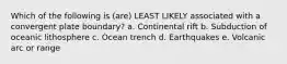 Which of the following is (are) LEAST LIKELY associated with a convergent plate boundary? a. Continental rift b. Subduction of oceanic lithosphere c. Ocean trench d. Earthquakes e. Volcanic arc or range