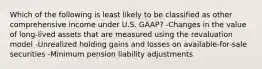 Which of the following is least likely to be classified as other comprehensive income under U.S. GAAP? -Changes in the value of long-lived assets that are measured using the revaluation model -Unrealized holding gains and losses on available-for-sale securities -Minimum pension liability adjustments