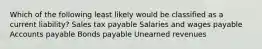 Which of the following least likely would be classified as a current liability? Sales tax payable Salaries and wages payable Accounts payable Bonds payable Unearned revenues