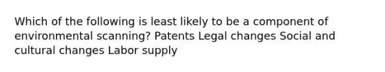 Which of the following is least likely to be a component of environmental scanning? Patents Legal changes Social and cultural changes Labor supply