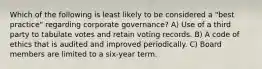 Which of the following is least likely to be considered a "best practice" regarding corporate governance? A) Use of a third party to tabulate votes and retain voting records. B) A code of ethics that is audited and improved periodically. C) Board members are limited to a six-year term.