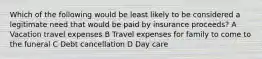 Which of the following would be least likely to be considered a legitimate need that would be paid by insurance proceeds? A Vacation travel expenses B Travel expenses for family to come to the funeral C Debt cancellation D Day care