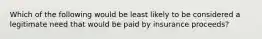 Which of the following would be least likely to be considered a legitimate need that would be paid by insurance proceeds?