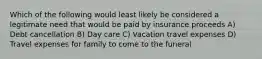 Which of the following would least likely be considered a legitimate need that would be paid by insurance proceeds A) Debt cancellation B) Day care C) Vacation travel expenses D) Travel expenses for family to come to the funeral