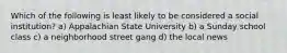 Which of the following is least likely to be considered a social institution? a) Appalachian State University b) a Sunday school class c) a neighborhood street gang d) the local news