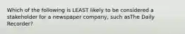 Which of the following is LEAST likely to be considered a stakeholder for a newspaper company, such asThe Daily Recorder?