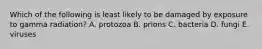 Which of the following is least likely to be damaged by exposure to gamma radiation? A. protozoa B. prions C. bacteria D. fungi E. viruses
