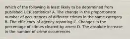 Which of the following is least likely to be determined from published UCR statistics? A. The change in the proportionate number of occurrences of different crimes in the same category B. The efficiency of agency reporting C. Changes in the percentage of crimes cleared by arrest D. The absolute increase in the number of crime occurrences