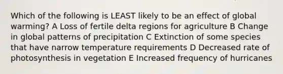 Which of the following is LEAST likely to be an effect of global warming? A Loss of fertile delta regions for agriculture B Change in global patterns of precipitation C Extinction of some species that have narrow temperature requirements D Decreased rate of photosynthesis in vegetation E Increased frequency of hurricanes