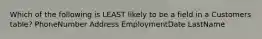 Which of the following is LEAST likely to be a field in a Customers table? PhoneNumber Address EmploymentDate LastName