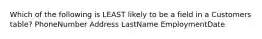 Which of the following is LEAST likely to be a field in a Customers table? PhoneNumber Address LastName EmploymentDate