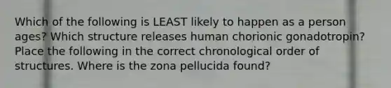 Which of the following is LEAST likely to happen as a person ages? Which structure releases human chorionic gonadotropin? Place the following in the correct chronological order of structures. Where is the zona pellucida found?