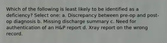 Which of the following is least likely to be identified as a deficiency? Select one: a. Discrepancy between pre-op and post-op diagnosis b. Missing discharge summary c. Need for authentication of an H&P report d. Xray report on the wrong record.