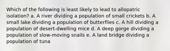 Which of the following is least likely to lead to allopatric isolation? a. A river dividing a population of small crickets b. A small lake dividing a population of butterflies c. A hill dividing a population of desert-dwelling mice d. A deep gorge dividing a population of slow-moving snails e. A land bridge dividing a population of tuna