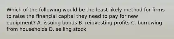 Which of the following would be the least likely method for firms to raise the financial capital they need to pay for new equipment? A. issuing bonds B. reinvesting profits C. borrowing from households D. selling stock