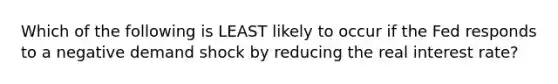 Which of the following is LEAST likely to occur if the Fed responds to a negative demand shock by reducing the real interest rate?