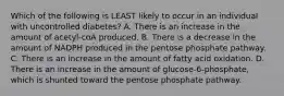 Which of the following is LEAST likely to occur in an individual with uncontrolled diabetes? A. There is an increase in the amount of acetyl-coA produced. B. There is a decrease in the amount of NADPH produced in the pentose phosphate pathway. C. There is an increase in the amount of fatty acid oxidation. D. There is an increase in the amount of glucose-6-phosphate, which is shunted toward the pentose phosphate pathway.