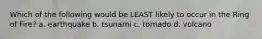 Which of the following would be LEAST likely to occur in the Ring of Fire? a. earthquake b. tsunami c. tornado d. volcano