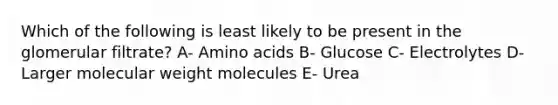 Which of the following is least likely to be present in the glomerular filtrate? A- Amino acids B- Glucose C- Electrolytes D- Larger molecular weight molecules E- Urea