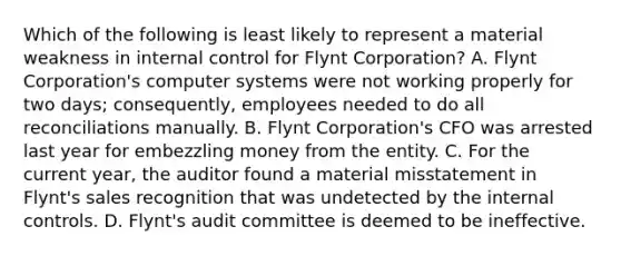 Which of the following is least likely to represent a material weakness in internal control for Flynt Corporation? A. Flynt Corporation's computer systems were not working properly for two days; consequently, employees needed to do all reconciliations manually. B. Flynt Corporation's CFO was arrested last year for embezzling money from the entity. C. For the current year, the auditor found a material misstatement in Flynt's sales recognition that was undetected by the internal controls. D. Flynt's audit committee is deemed to be ineffective.