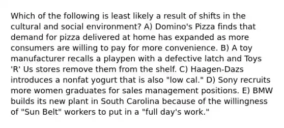 Which of the following is least likely a result of shifts in the cultural and social environment? A) Domino's Pizza finds that demand for pizza delivered at home has expanded as more consumers are willing to pay for more convenience. B) A toy manufacturer recalls a playpen with a defective latch and Toys 'R' Us stores remove them from the shelf. C) Haagen-Dazs introduces a nonfat yogurt that is also "low cal." D) Sony recruits more women graduates for sales management positions. E) BMW builds its new plant in South Carolina because of the willingness of "Sun Belt" workers to put in a "full day's work."