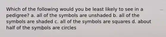 Which of the following would you be least likely to see in a pedigree? a. all of the symbols are unshaded b. all of the symbols are shaded c. all of the symbols are squares d. about half of the symbols are circles