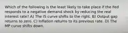 Which of the following is the least likely to take place if the Fed responds to a negative demand shock by reducing the real interest rate? A) The IS curve shifts to the right. B) Output gap returns to zero. C) Inflation returns to its previous rate. D) The MP curve shifts down.