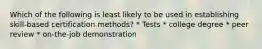 Which of the following is least likely to be used in establishing skill-based certification methods? * Tests * college degree * peer review * on-the-job demonstration