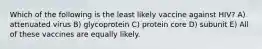 Which of the following is the least likely vaccine against HIV? A) attenuated virus B) glycoprotein C) protein core D) subunit E) All of these vaccines are equally likely.