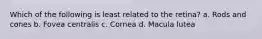 Which of the following is least related to the retina? a. Rods and cones b. Fovea centralis c. Cornea d. Macula lutea