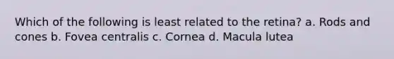 Which of the following is least related to the retina? a. Rods and cones b. Fovea centralis c. Cornea d. Macula lutea