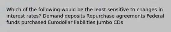 Which of the following would be the least sensitive to changes in interest rates? Demand deposits Repurchase agreements Federal funds purchased Eurodollar liabilities Jumbo CDs