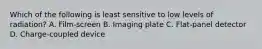 Which of the following is least sensitive to low levels of radiation? A. Film-screen B. Imaging plate C. Flat-panel detector D. Charge-coupled device